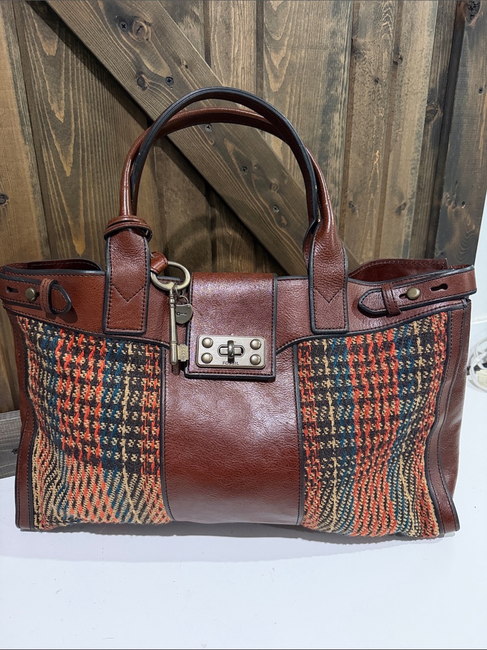 Fossil Vintage Reissue (VRI) leather and tweed panel tote/weekender